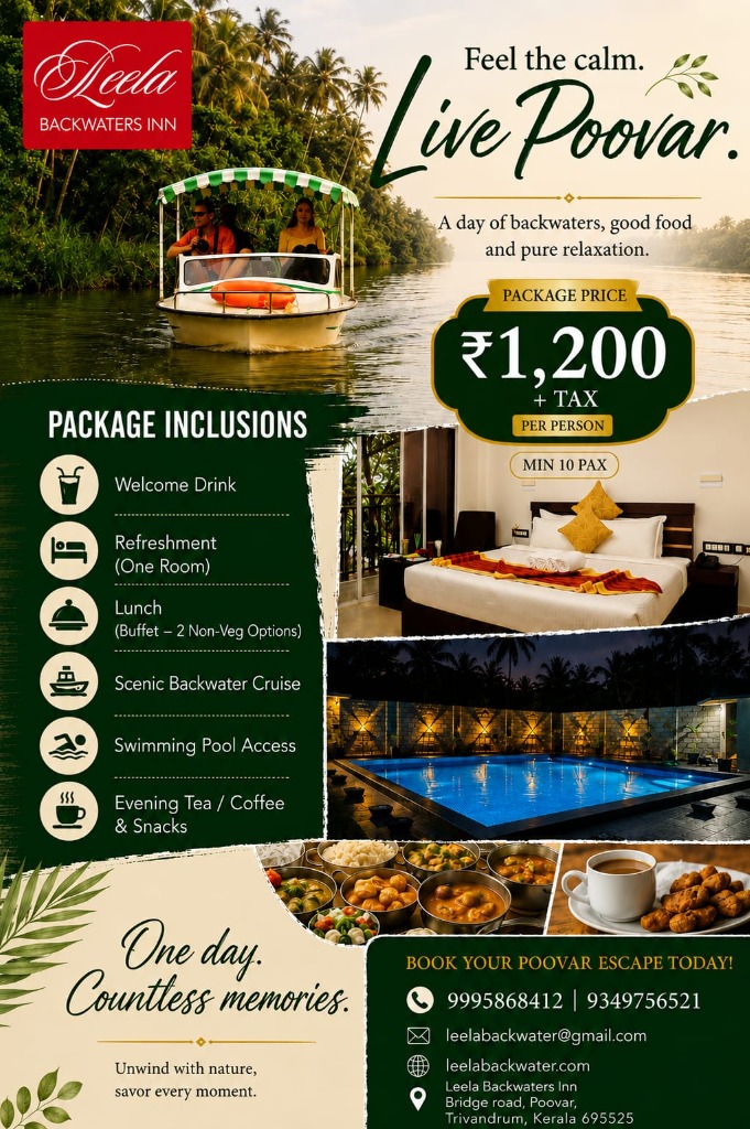Feel the calm. Live Poovar - Package Price â‚¹1,200 + Tax Per Person